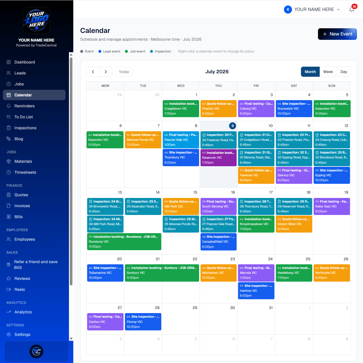 TradeCentral calendar showing jobs, inspections and events