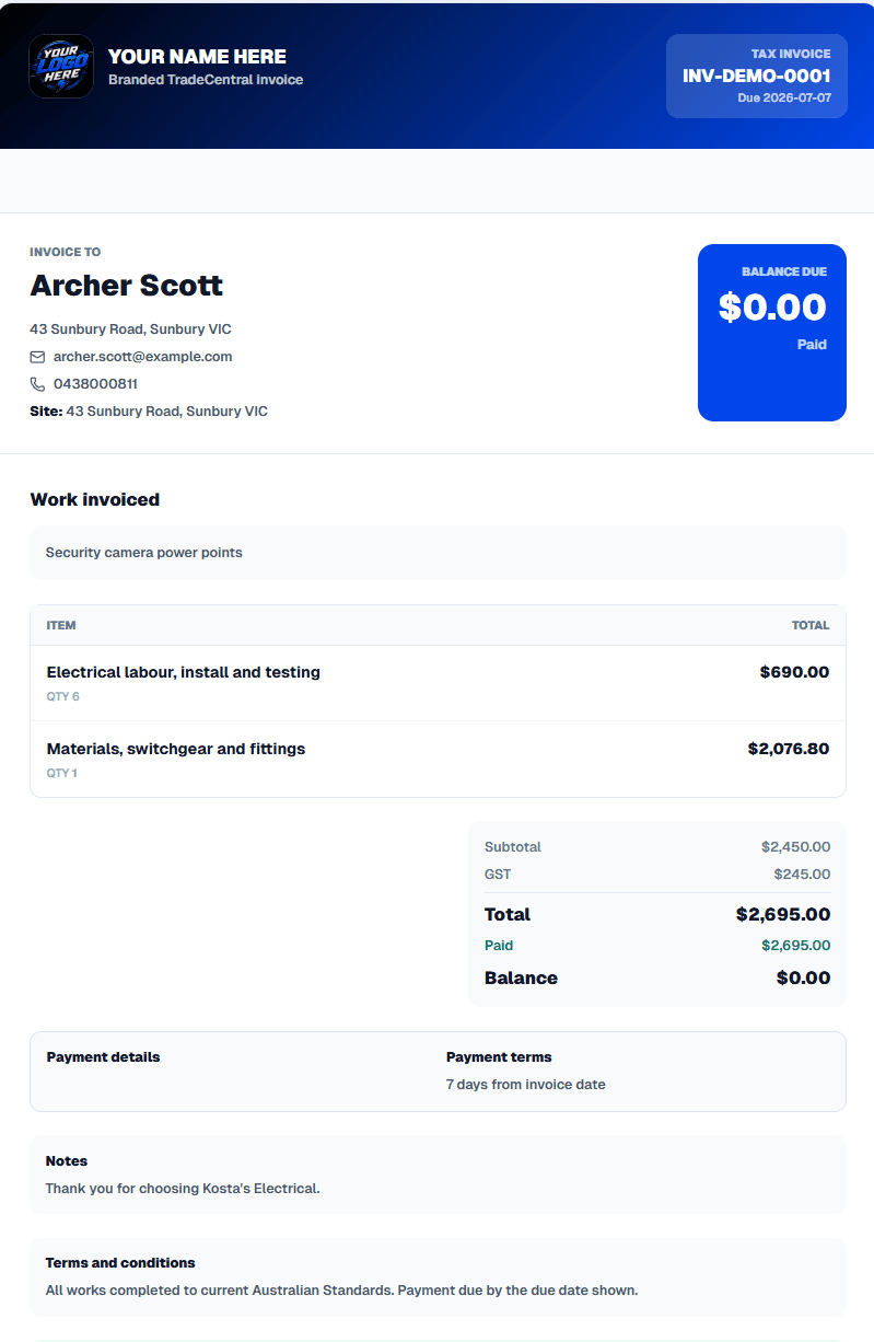 TradeCentral public invoice page with customer-facing payment details